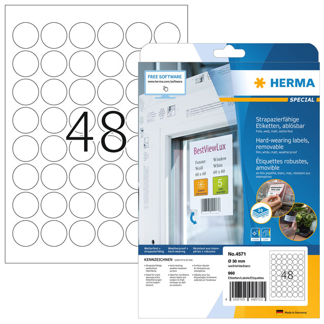 HERMA - Etikett 4571 30 mm runde Folie weiß 960 Etiketten