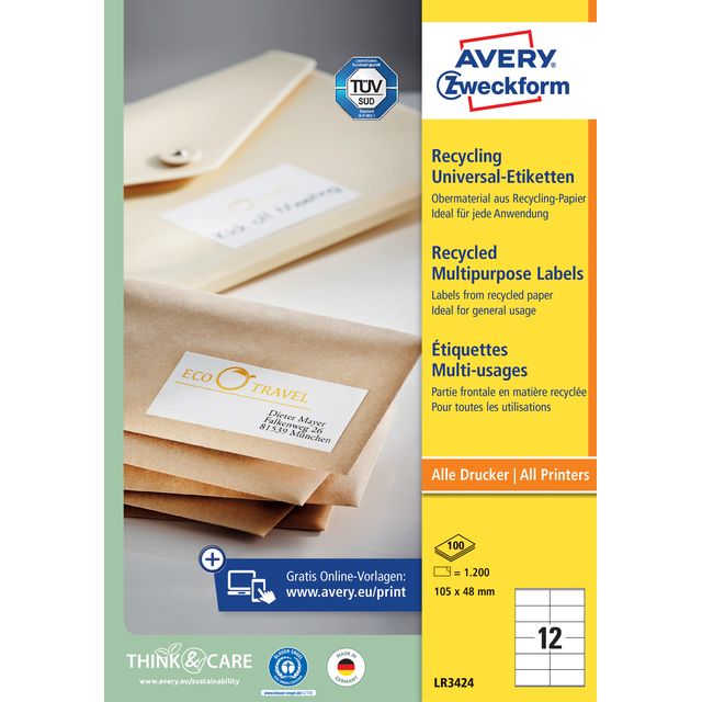 Avery Zweckform - Etikett Zweckform LR3424 105x48mm recycelt weiß 1200 Etiketten