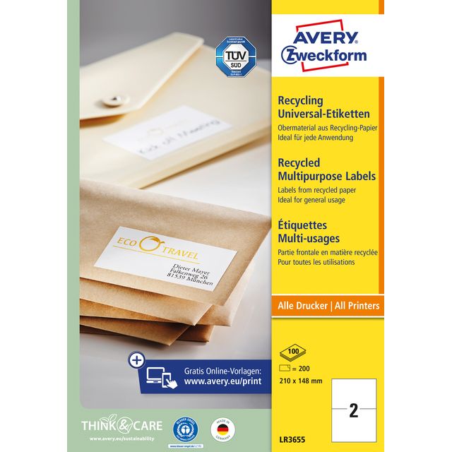 Avery Zweckform - Etikett Zweckform LR3655 210x148mm A5 recycelt weiß 200 Etiketten | 5 Stück