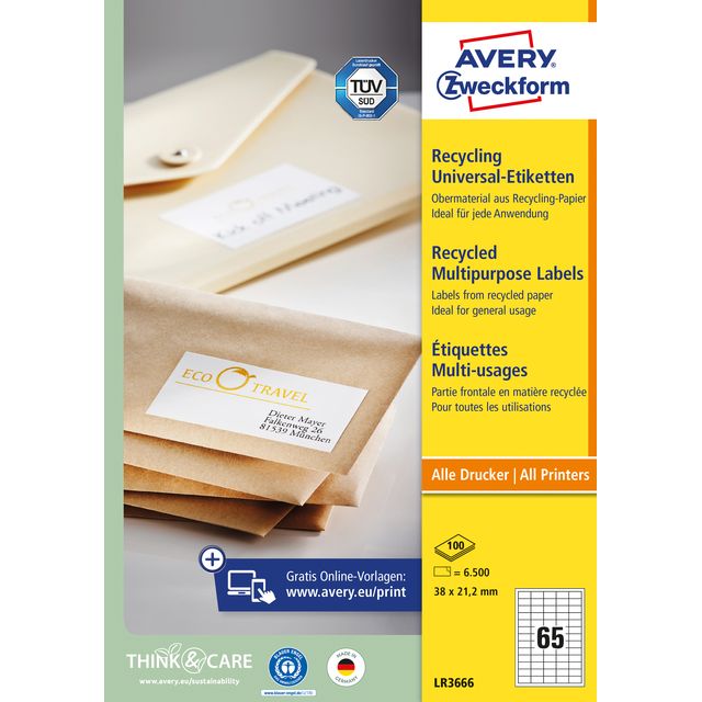 Avery Zweckform - Etikett Zweckform LR3666 38x21,2mm recycelt weiß 6500 Etiketten | 5 Stück