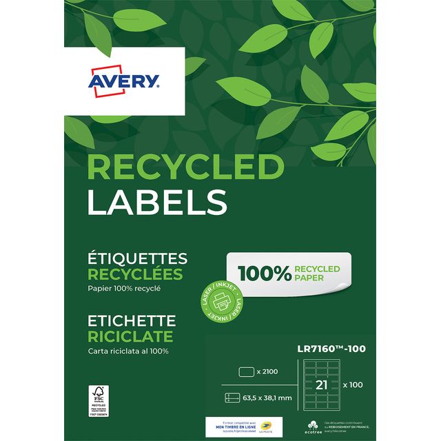Avery - Etikett LR7160-100 63,5 x 38,1 mm recyceltes Weiß 2100 Etiketten | 5 Stück