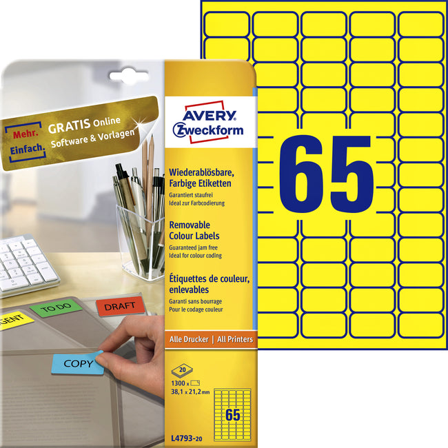 Avery Zweckform - Etikett Zweckform L4793-20 38,1x21,2mm gelb 1300 Etiketten