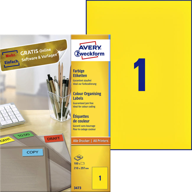 Avery Zweckform - Etiketten Zweckform 3473 210x297mm A4 gelb 100 Stück