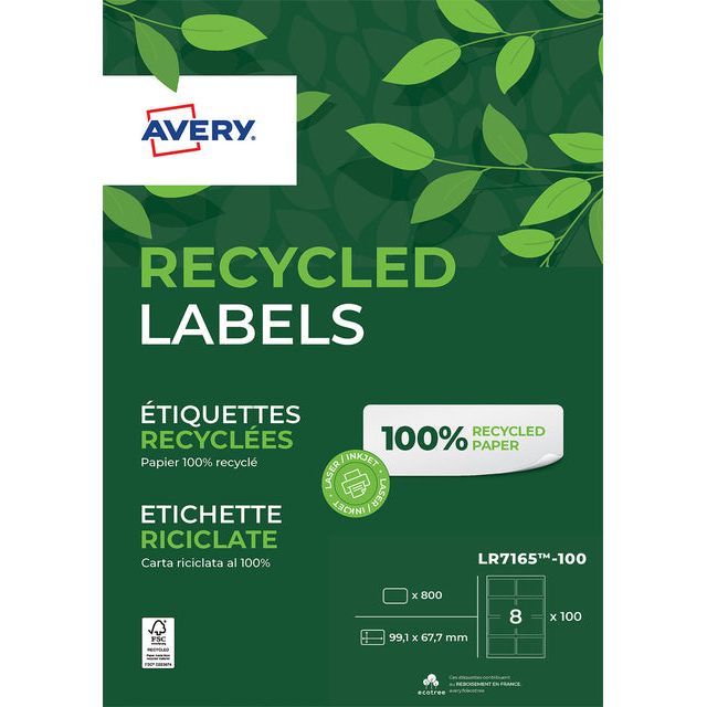 Avery - Recycelte weiße Laserbezeichnungen QuickPeel Ft 99,1 x 67,7 mm (B x H), 800 Stück, 8 pro Blatt