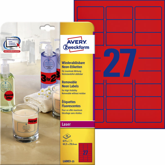 Etikett Avery L6003-25 63.5x29.6 Neon Red 675 Stücke