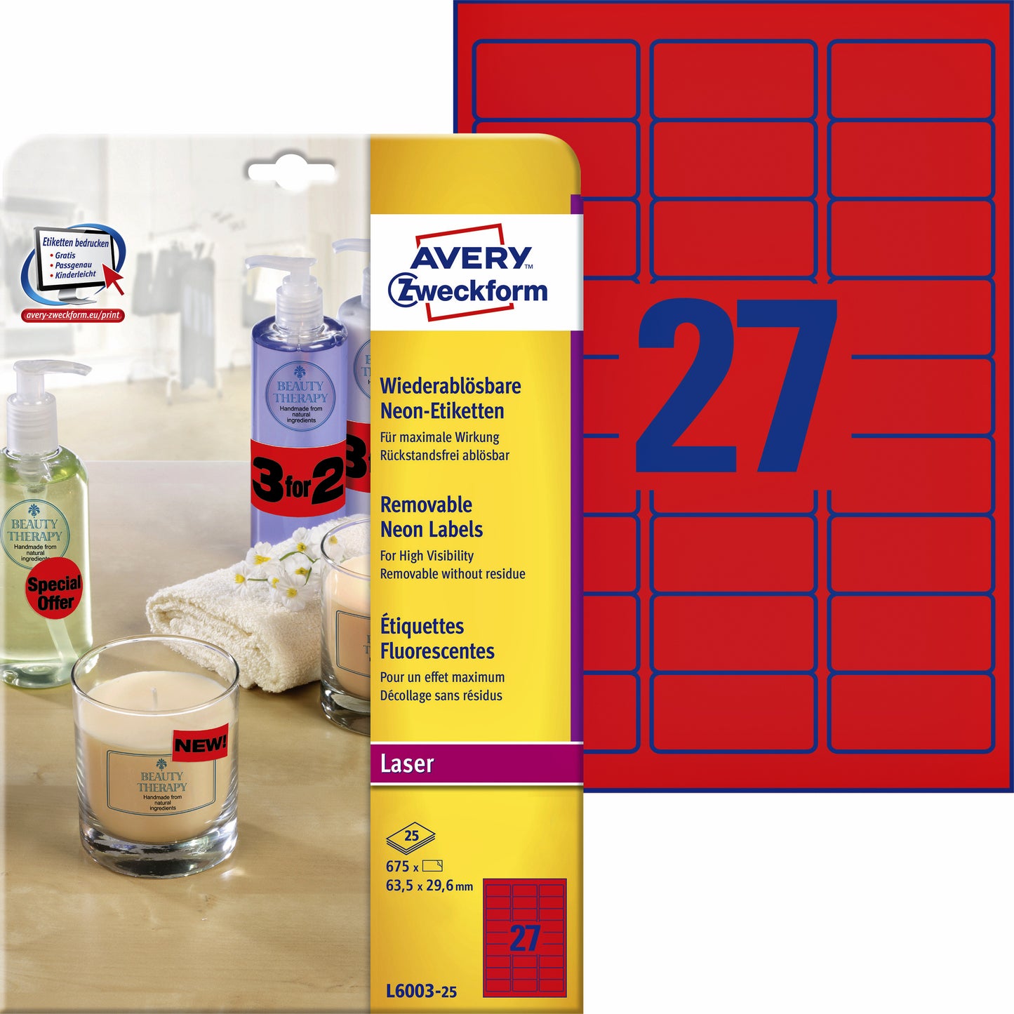 Avery -  Etiket  l6003-25 63.5x29.6 neon rood 675st | 30 stuks
