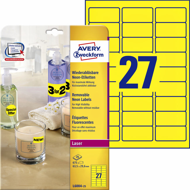Avery - Etikett L6004-25 63,5x29,6 neongelb 675 Etiketten | 5 Stück