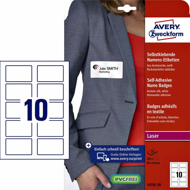 Name Badge Label Avery L4785-20 80x50mm ZK 200 Pieces