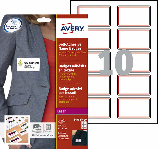 Name Badge Label Avery L4786-20 80x50 mm roter Rahmen 200 Teile