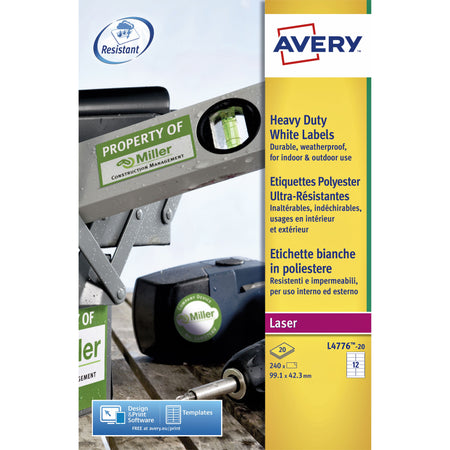Avery – Etikett L4776-20, 99,1 x 42,3 mm, Polyester, weiß, 240 Etiketten