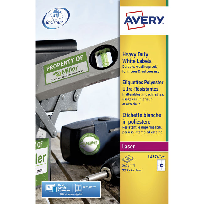Avery – Etikett L4776-20, 99,1 x 42,3 mm, Polyester, weiß, 240 Etiketten