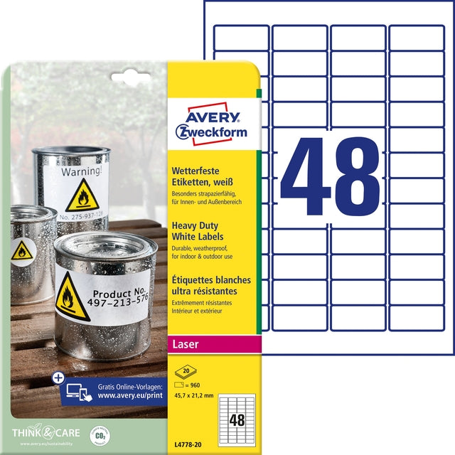 Etikett Avery L4778-20 45.7x21.2mm Polyester weiß 960 Stück