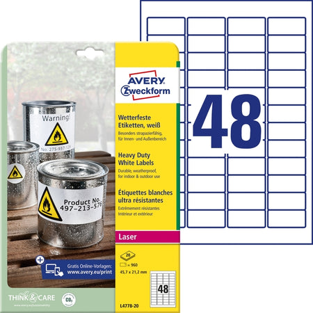 Avery – Etikett L4778-20, 45,7 x 21,2 mm, Polyester, weiß, 960 Etiketten