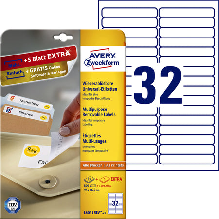 Avery Zweckform - Etikett Zweckform L6031REV-25 96x16,9mm ablösbar weiß 800 Stück