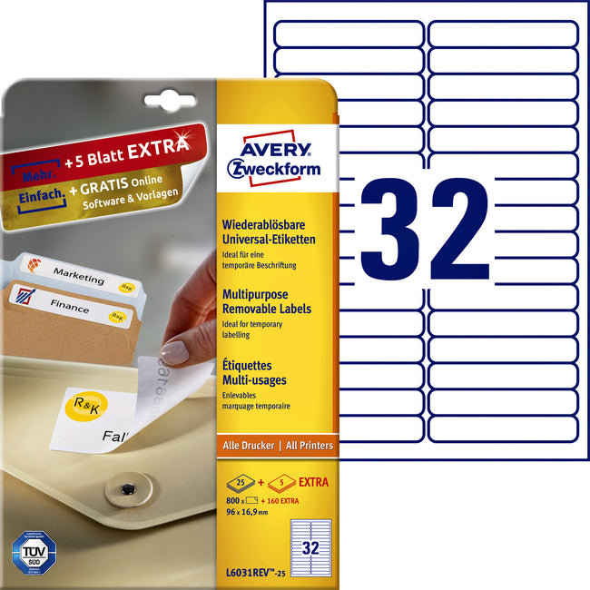 Avery Zweckform - Etikett Zweckform L6031REV-25 96x16,9mm ablösbar weiß 800 Stück