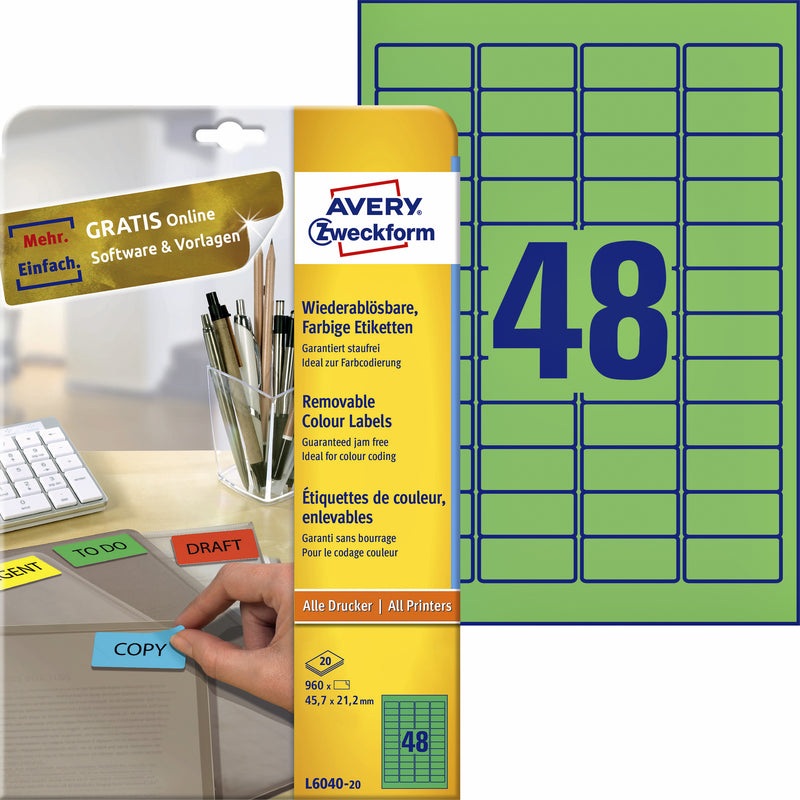 Avery Zweckform - Etikett Zweckform L6040-20 45,7x21,2mm grün 960 Stück