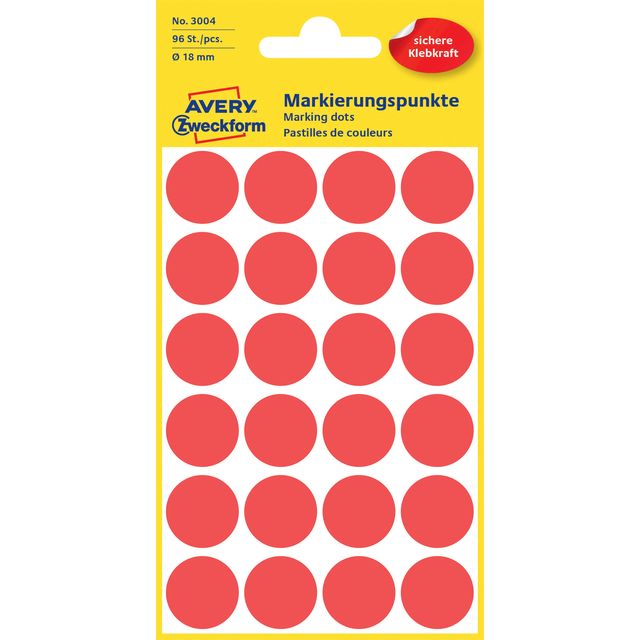 Avery Zweckform - Etikett Zweckform 3004 rund 18mm rot 96 Etiketten | 10 Stück
