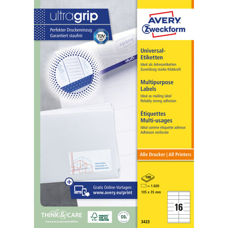 Avery Zweckform - Etikett Zweckform 3423 105x35mm weiß 1600 Stück