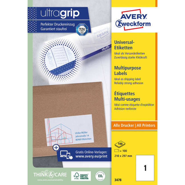 Avery Zweckform - Etiketten Zweckform 3478 210x297mm A4 weiß 100 Stück