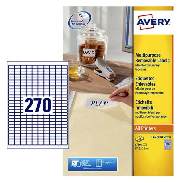 Etikett Avery L4730Rev 17,8x10 mm abnehmbares weißes 6750 Stück