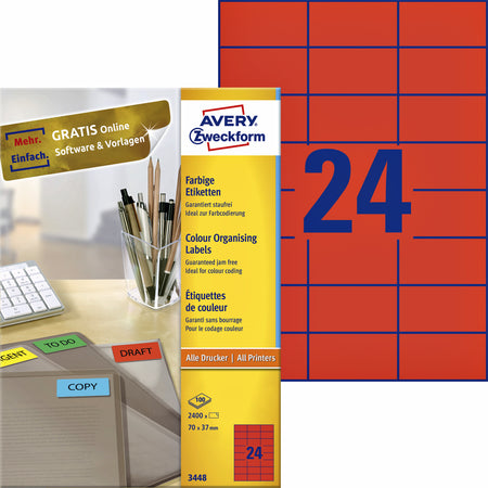 Avery Zweckform - Etikett Zweckform 3448 70x37mm rot 2400 Stück
