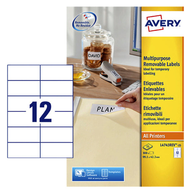 Etikett Avery L4743REV-250 99.1X42.3mm abnehmbarer weiß 300 Stück