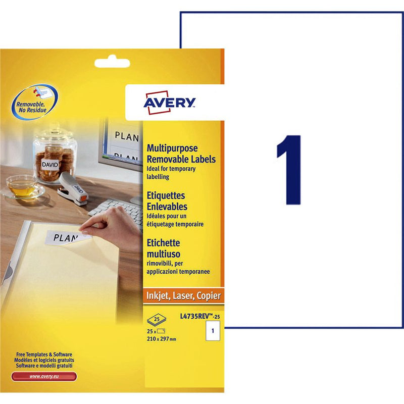 Avery - Etikett L4735REV-25 210x297mm A4 weiß 25 Etiketten