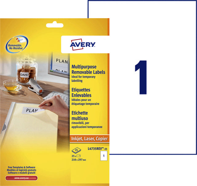 Etikett Avery L4735REV-25EF-25 210x297mm A4 abnehmbarer Weiß 25 Teile