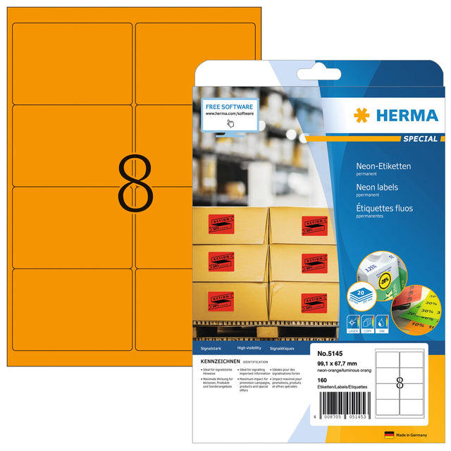 HERMA - Etikett 5145 99,1x67,7mm fluoreszierendes Orange 160 Stück