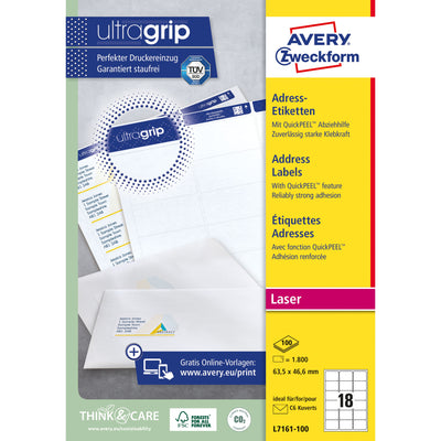 Avery - Etikett L7161-100 63,5 x 46,6 mm weiß 1800 Etiketten | 5 Stück