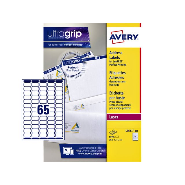 Etikett Avery L7651-100 38.1x21.2mm Weiß 6500 Stück