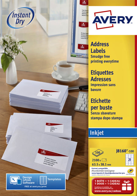 Etikett Avery J8160-100 63.5x38.1mm Weiß 2100 Stück