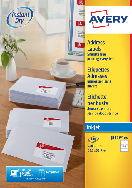 Etikett Avery J8159-100 63.5x33,9 mm Weiß 2400 Stück
