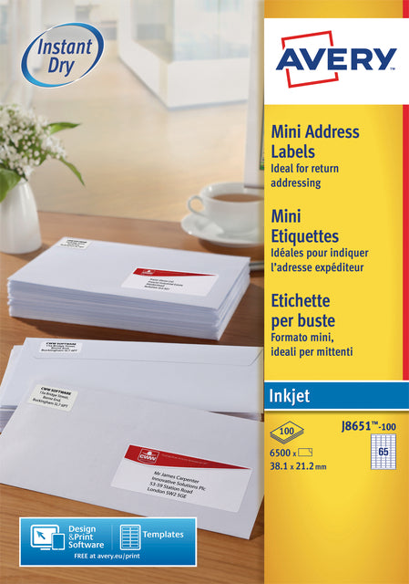 Etikett avery j8651-100 38,1x21,2mm weiß 6500 Stück | Karton mit 100 Blatt