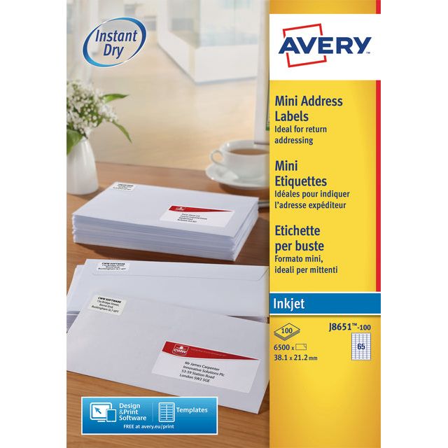 Avery - weiße Bezeichnungen Quickdry ft 38,1 x 21,2 mm (b x h), 6.500 Stücke, 65 pro Blatt