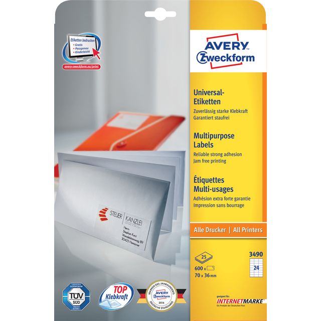 Avery Zweckform - Etikett Zweckform 3490 70x36mm weiß 600 Stück