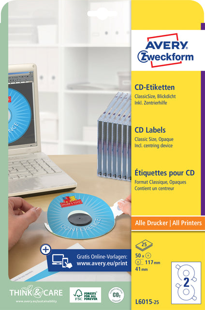 Beschriftung Avery Zweckform L6015-25 CD Weiß 50 Stück