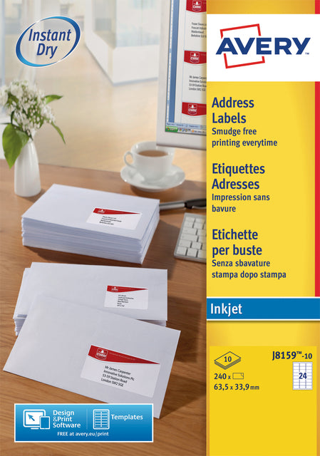 Etikett Avery J8159-10 63.5x33,9 mm Weiß 240 Teile