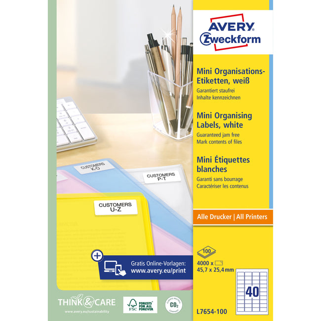Avery - Etikett L7654-100 45,7 x 25,4 mm weiß 4000 Etiketten