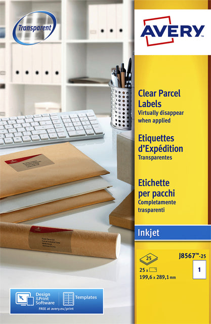Etikett Avery J8567-25 210x297mm A4 Transparent 25 Stücke