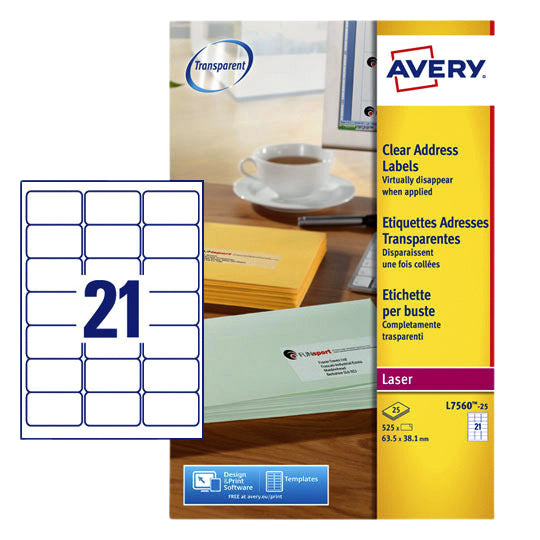 Avery - Etikett L7560-25 63,5 x 38,1 mm transparent 525 Etiketten