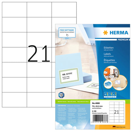 HERMA – Etikett 4668, 70 x 42,3 mm, Premium-Weiß, 2100 Etiketten