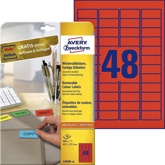 Avery Zweckform - Etikett Zweckform L6038-20 45,7x21,2mm rot 960 Stück