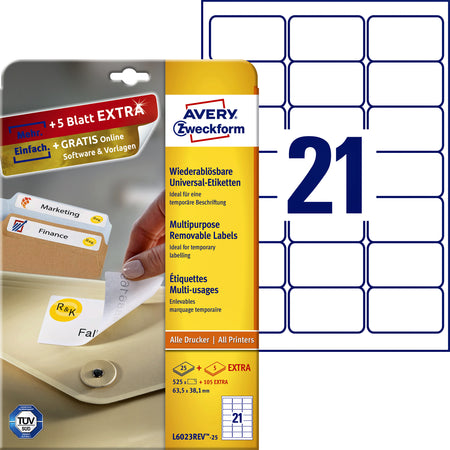 Avery Zweckform - Etikett Zweckform L6023REV-25 63,5x38,1mm ablösbar weiß 525 Stück
