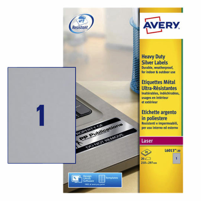 Étiqueter Avery L6013-20 210x297mm Silver 20 pièces