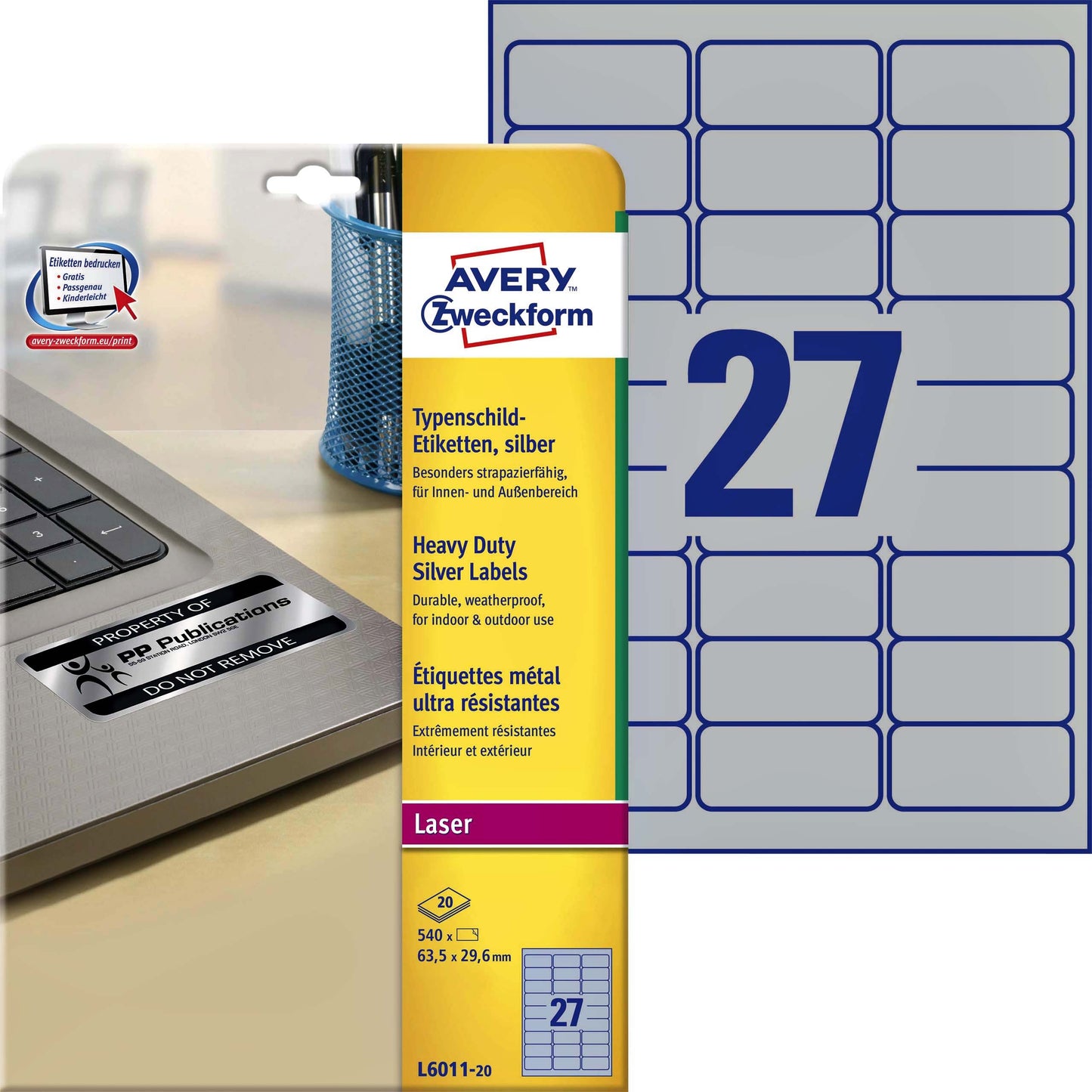 Avery Zweckform - Etikett L6011-20 63,5x29,6mm Silber 540 Stück