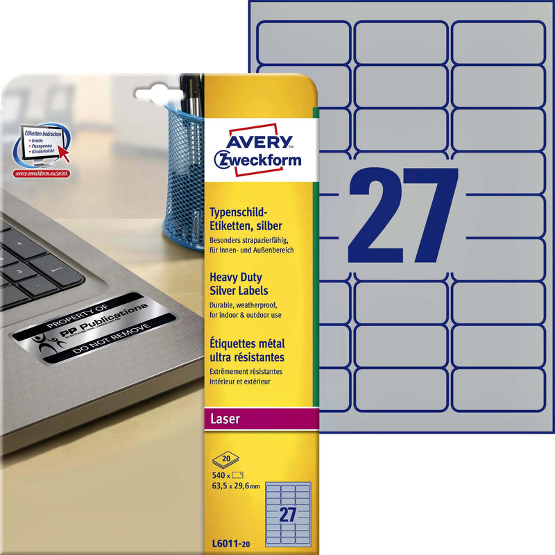 Avery Zweckform - Etikett L6011-20 63,5x29,6mm Silber 540 Stück