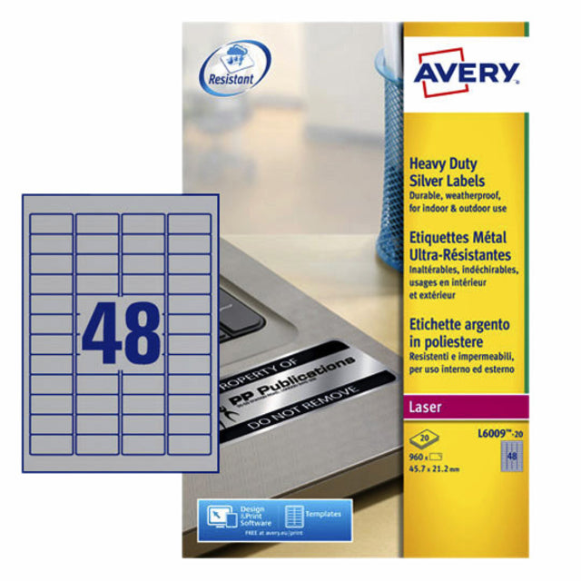 Etikett Avery L6009-20 45.7x21.2mm Silber 960 Stück