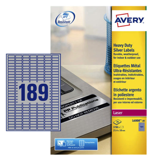 Label Avery L6008-20 25,4x10mm Silver 3780 Pieces