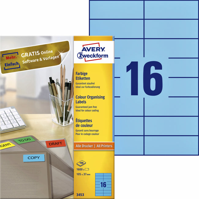 Avery Zweckform - Etikett Zweckform 3453 105x37mm blau 1600 Stück